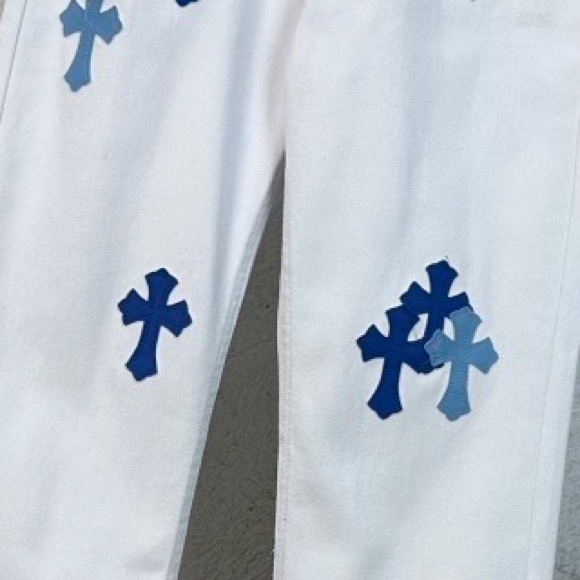 Chrome Hearts White Pants with Blue Cross Accents - Picture 5 of 6